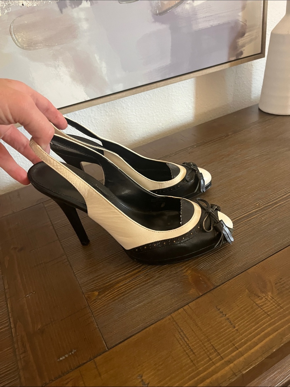 Ralph Lauren Black and Cream Peep-Toe Slingback Heels